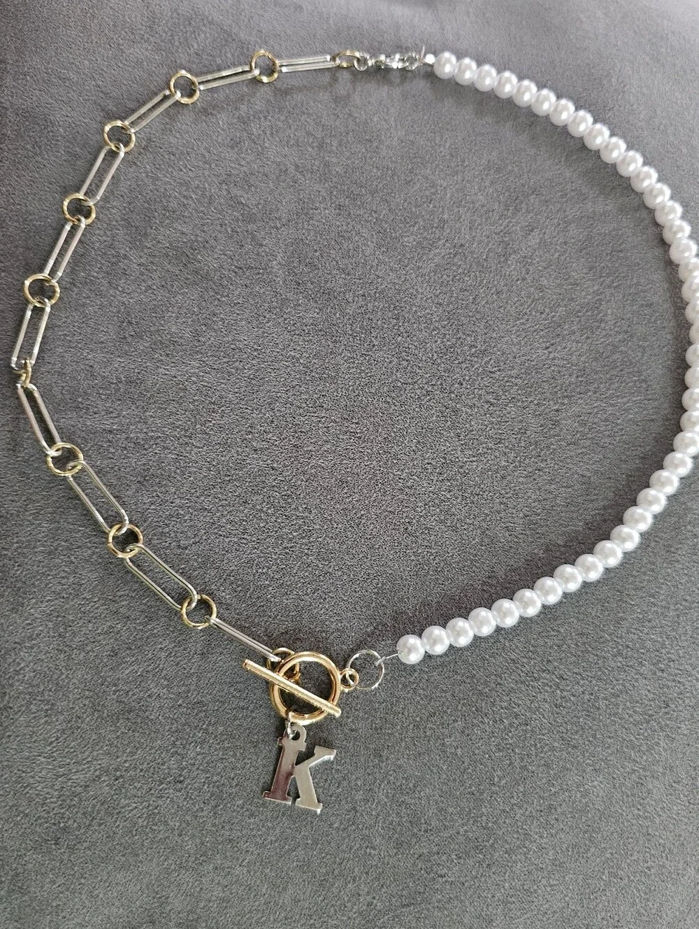 Gold & White Pearl Chain Necklace with Initial K Charm